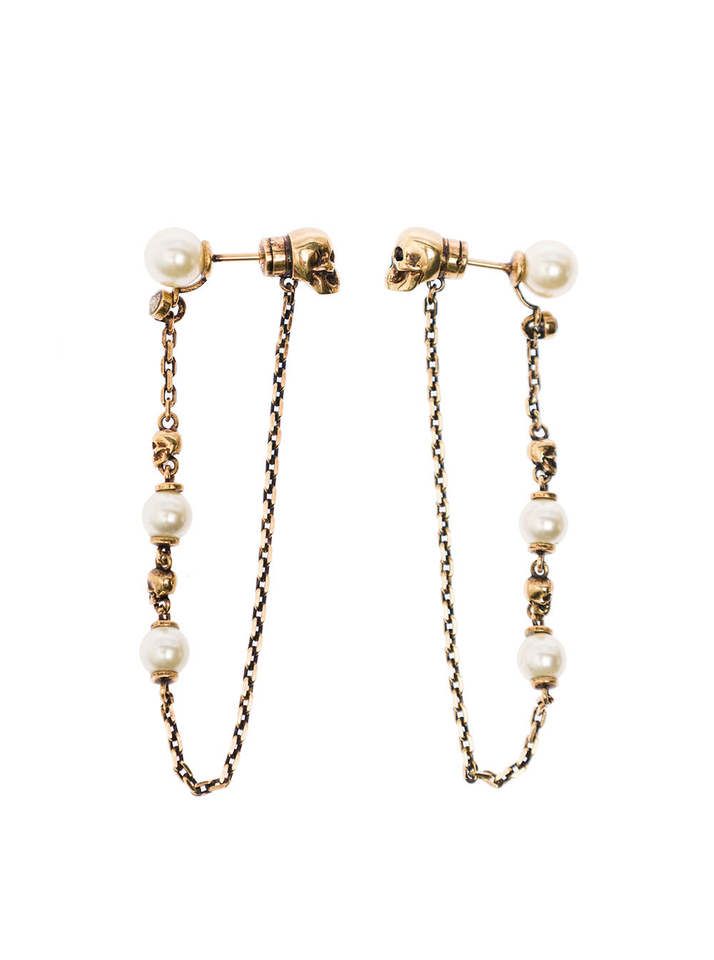Antique Gold-finished Drop Chain Earring With Skulls And Pearls In Brass Woman Alexander Mcqueen