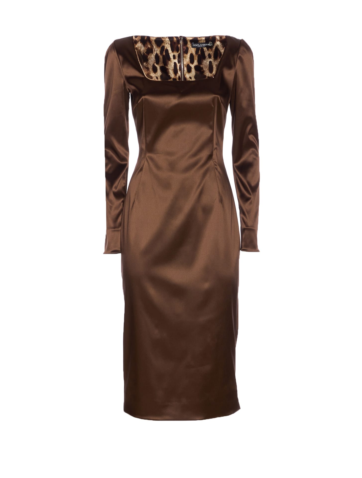 Dolce & Gabbana Long Sleeve Midi Dress With Animal Print Detail In Brown