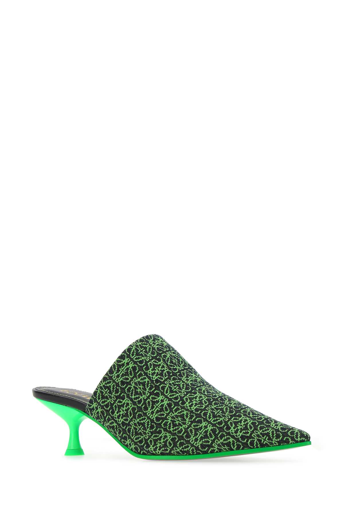 Shop Loewe Embroidered Fabric Pointy Mules In Blackneongreen