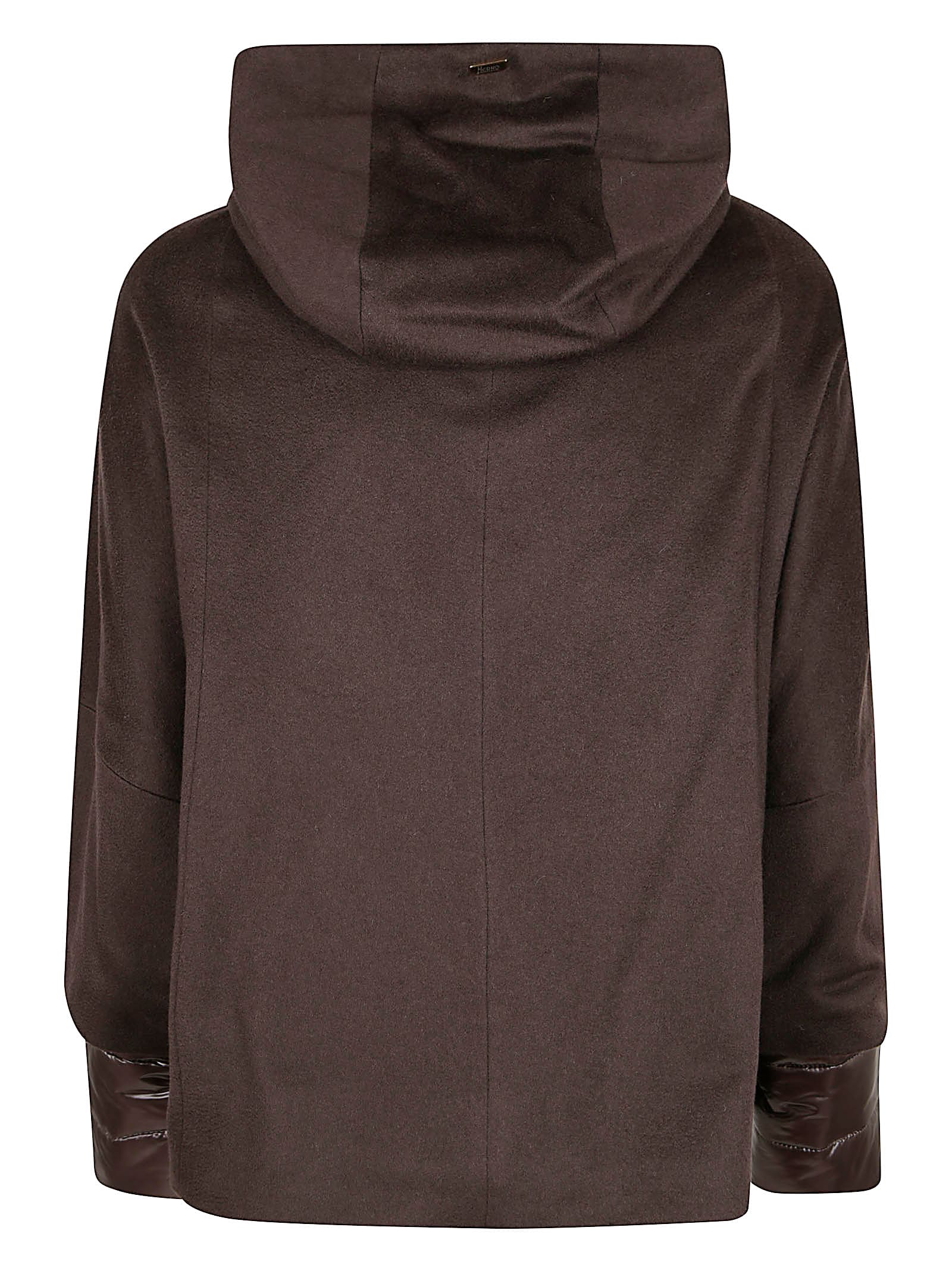 Herno Cashmere Boxy Jacket With High Collar And Snap Closure In Brown