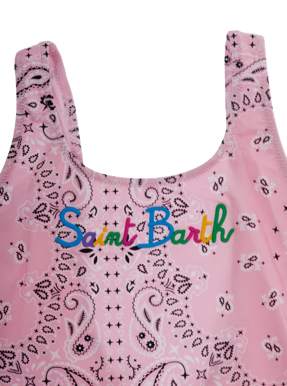 Mc2 Saint Barth Cara Pink One-piece With Logo Patch On The Rear And All-over Print In Tech Fabric Stretch Girl In Pink