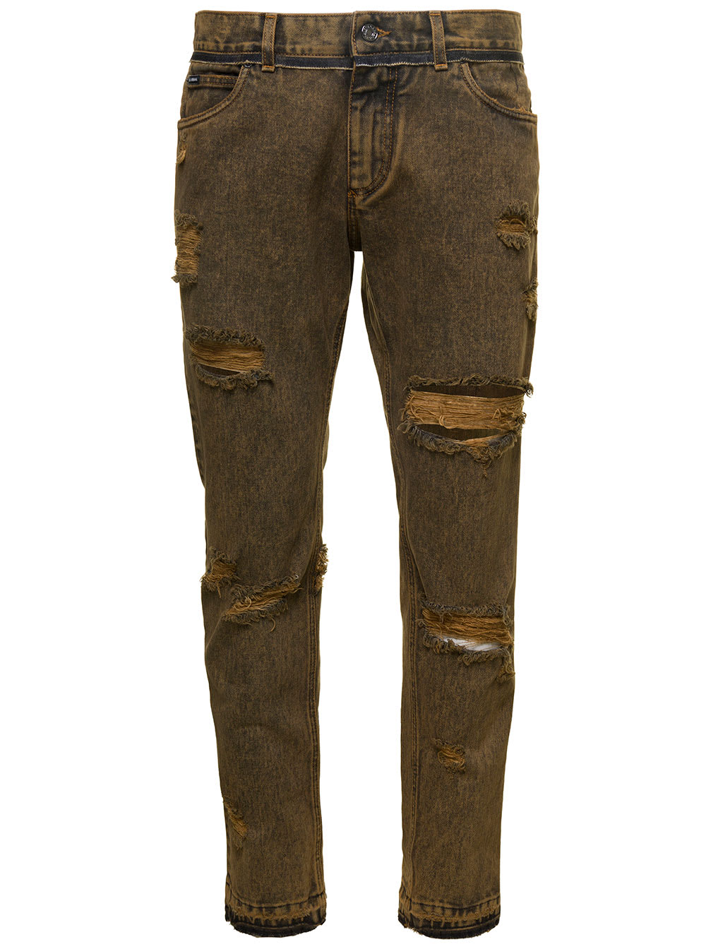 Shop Dolce & Gabbana Brown Straight Jeans With Rips In Cotton Denim Man In Grey