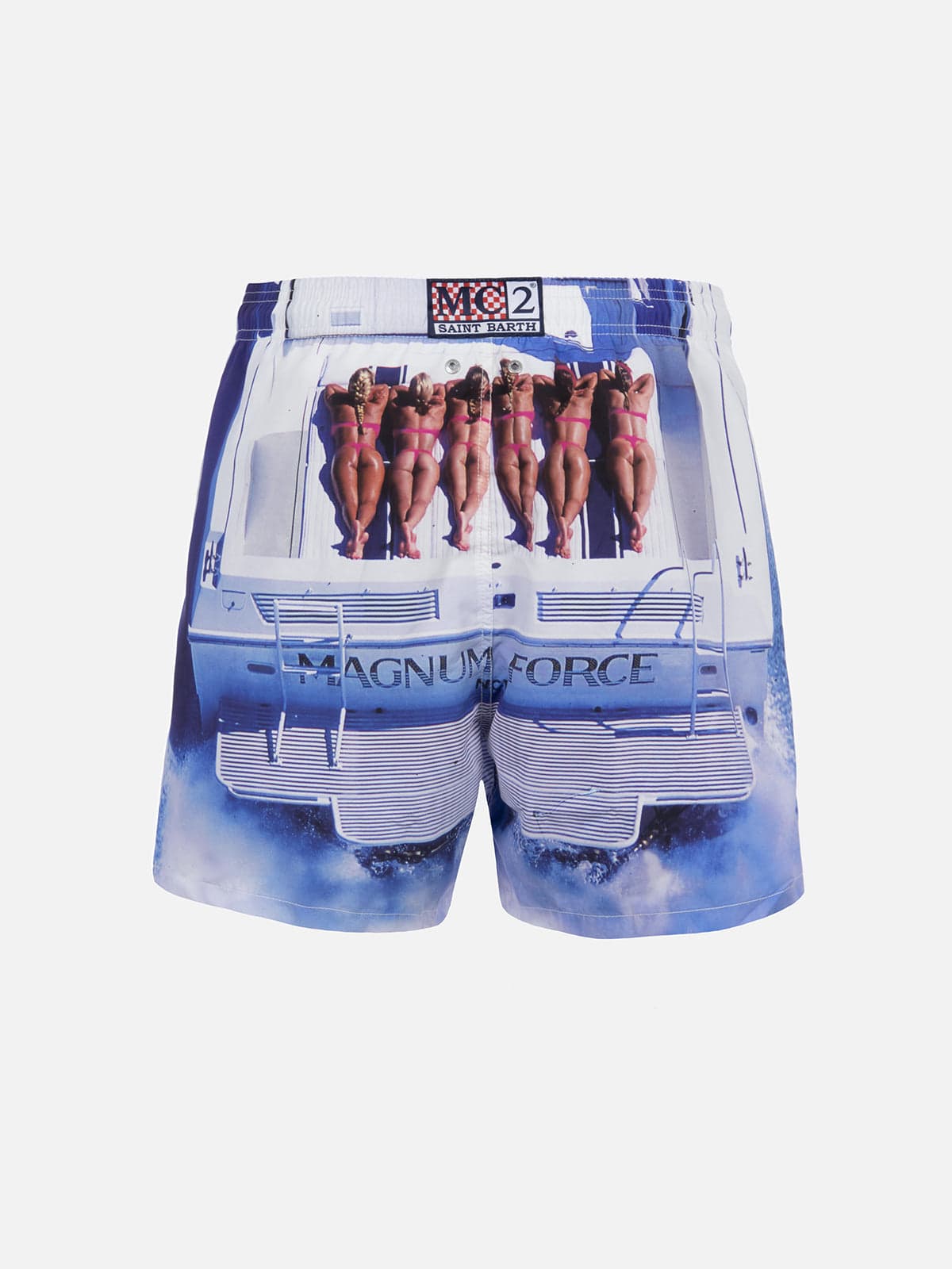 Mc2 Saint Barth Man Mid-length Gustavia Swim-shorts With Marvel Characters Placed Print Magnum Marine Special Editio In White