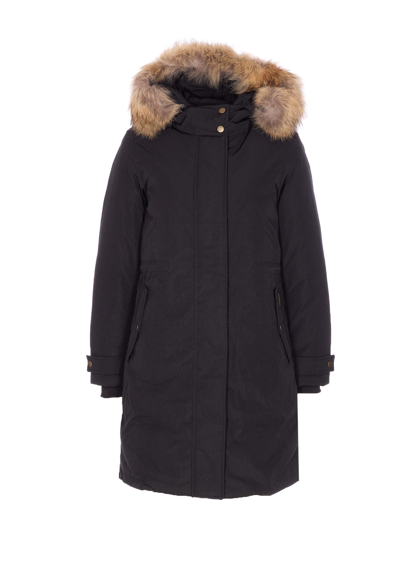 Woolrich Padded Coat With Removable Fur Hood In Black