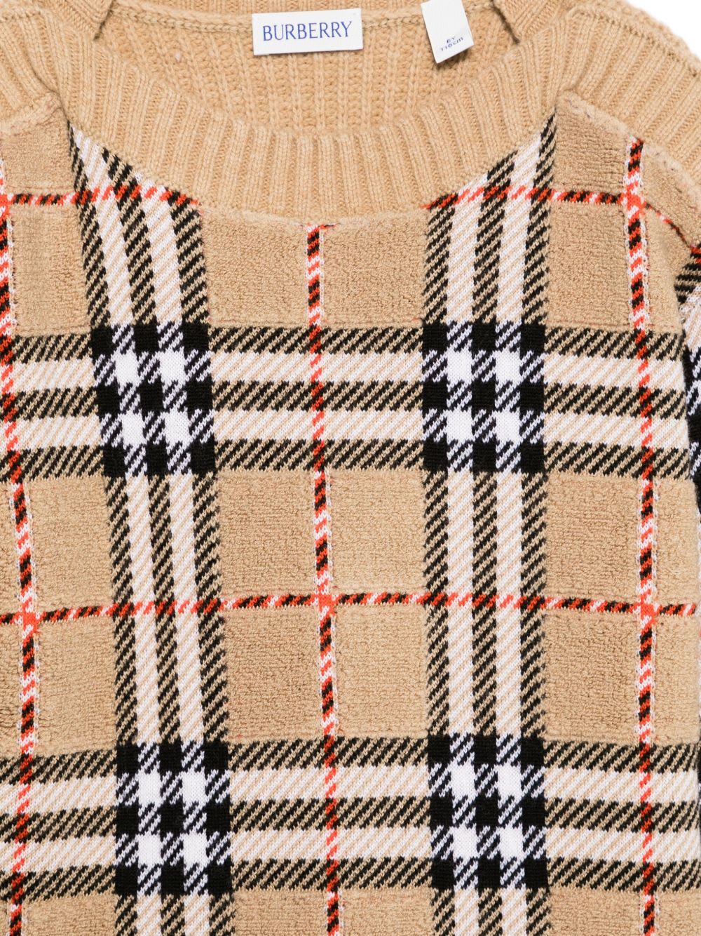 Burberry Kids Beige Signature Check Pattern Long Sleeves Crew Neck Wool Knitted In Brown