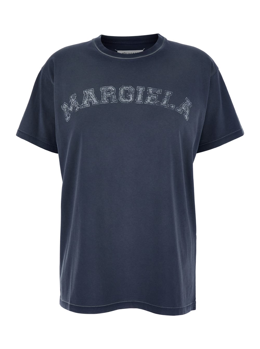 Shop Maison Margiela Blue Crewneck T-shirt With Logo Lettering Print In Cotton Woman