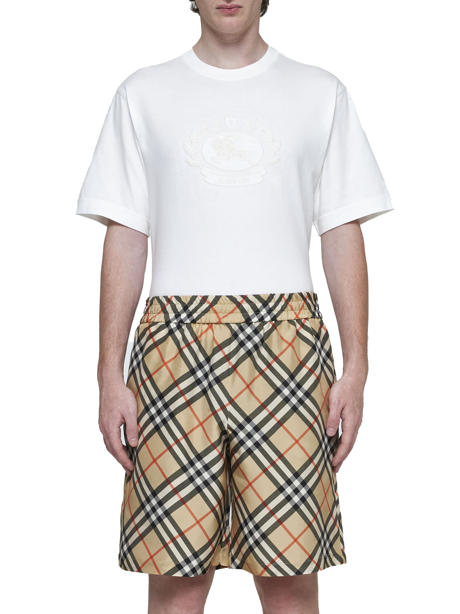 Burberry Drawstring Waistband Check Shorts With Embroidered Detail In Sandipcheck
