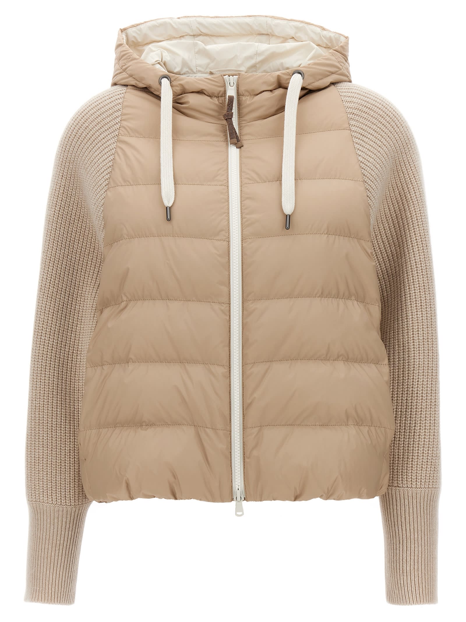 Brunello Cucinelli Solomeo Inserts Hooded Down Jacket Casual Jackets, Parka Beige In Beige