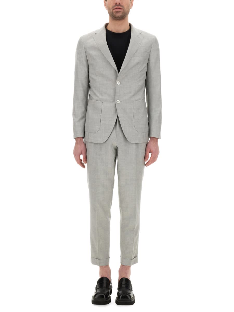 Hugo Boss Slim-fit Suit In Micro-patterned Wool And Silk In Gray