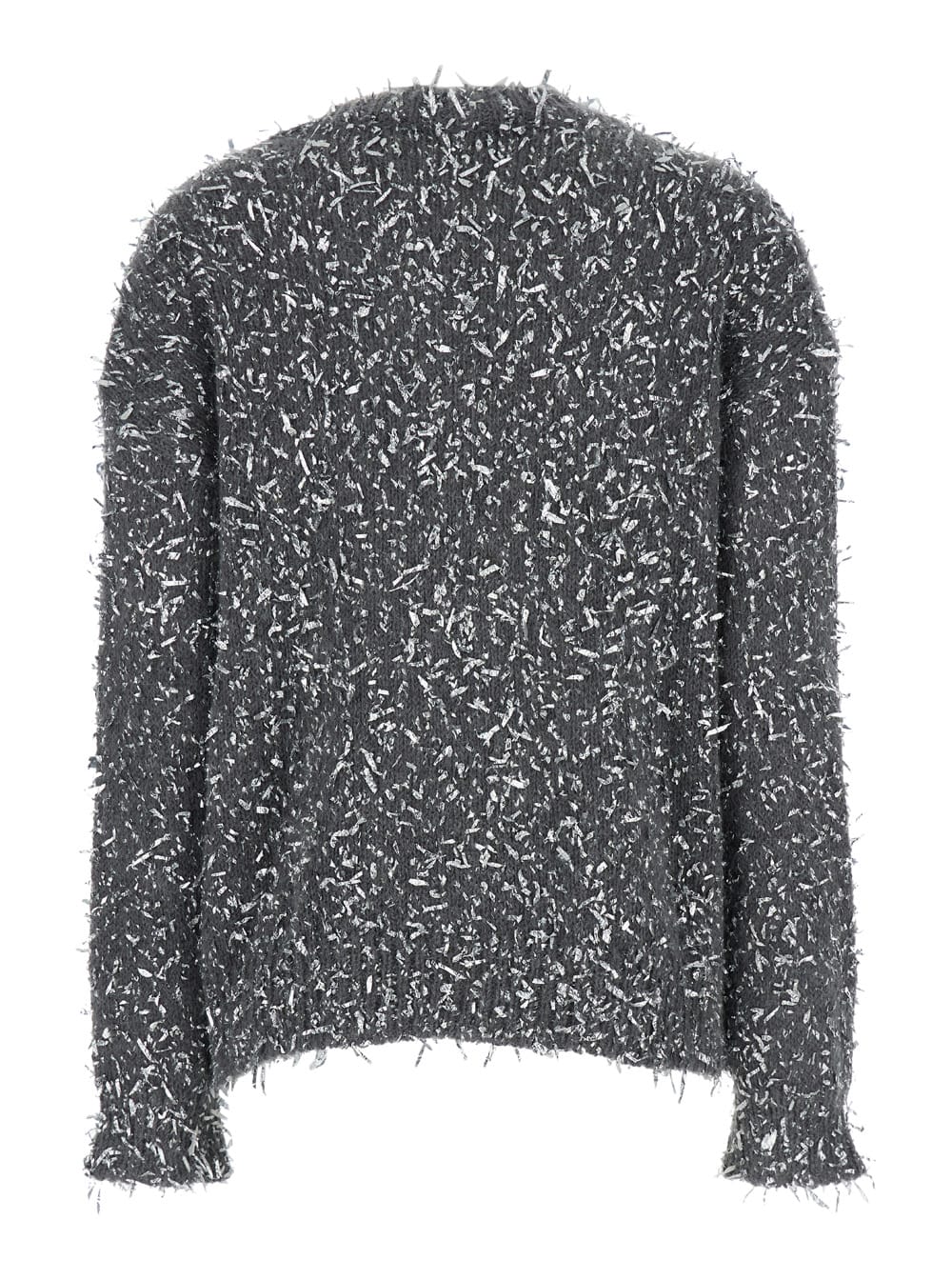 Shop Msgm Grey Crewneck Sweater With All-over Frayed Details In Cotton Blend Woman