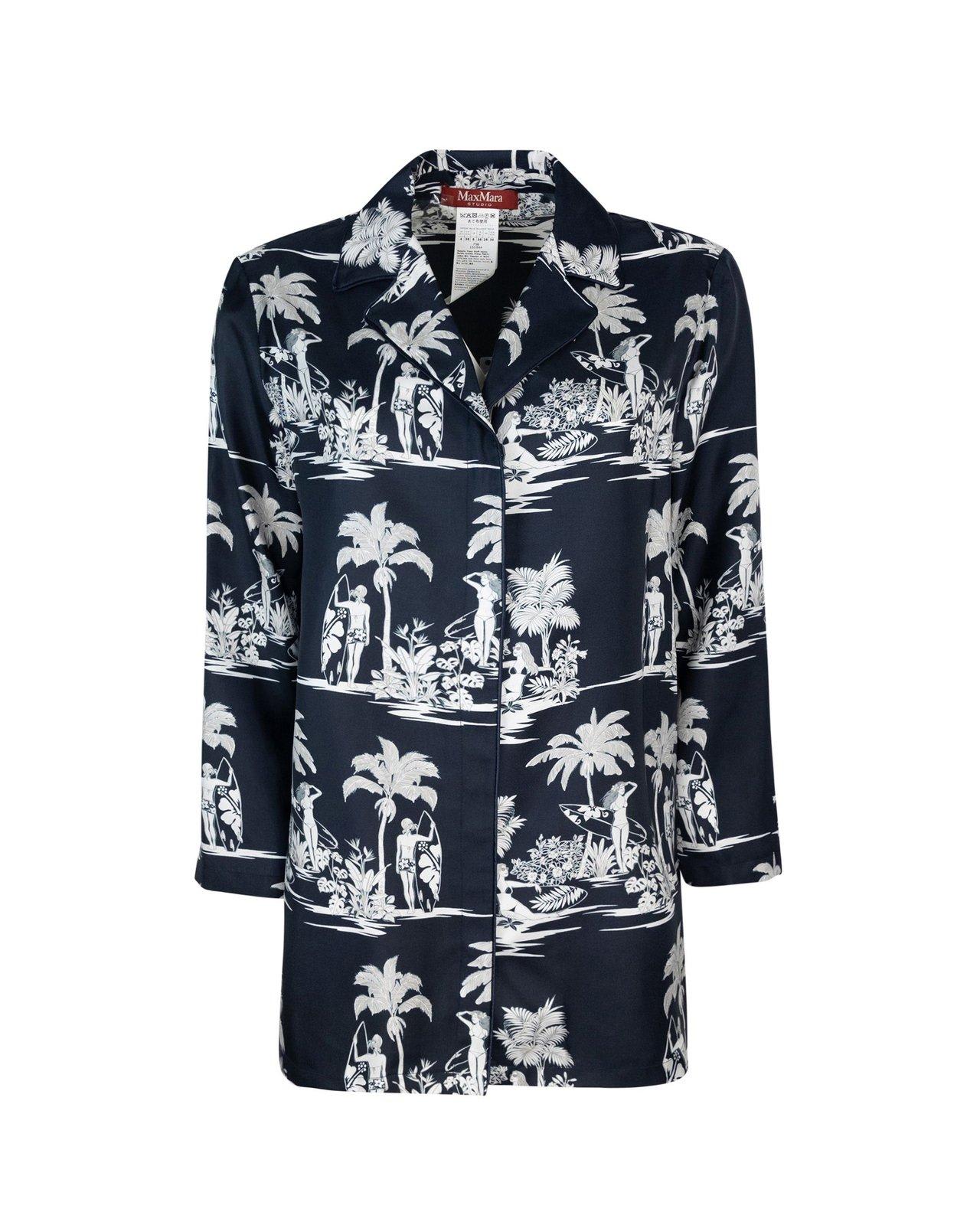 Max Mara Tropical Print Silk Jacket With Classic Collar In Blue