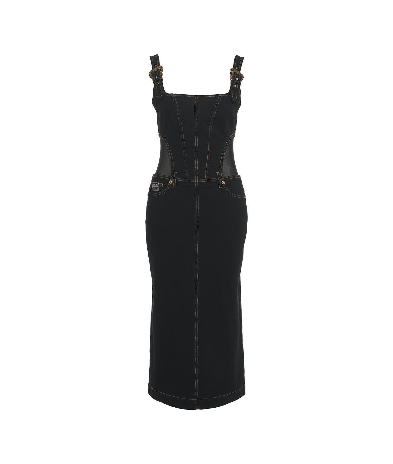Shop Versace Jeans Couture Contrast-stitching Sleeveless Denim Dress In Black Black