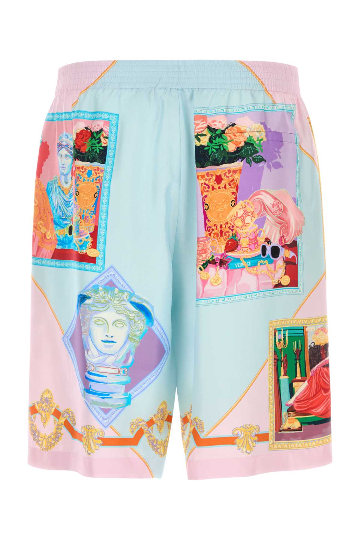Versace Silk Twill Shorts With Vibrant Classical Motifs In Pastelbluepastelpinkmulticolor