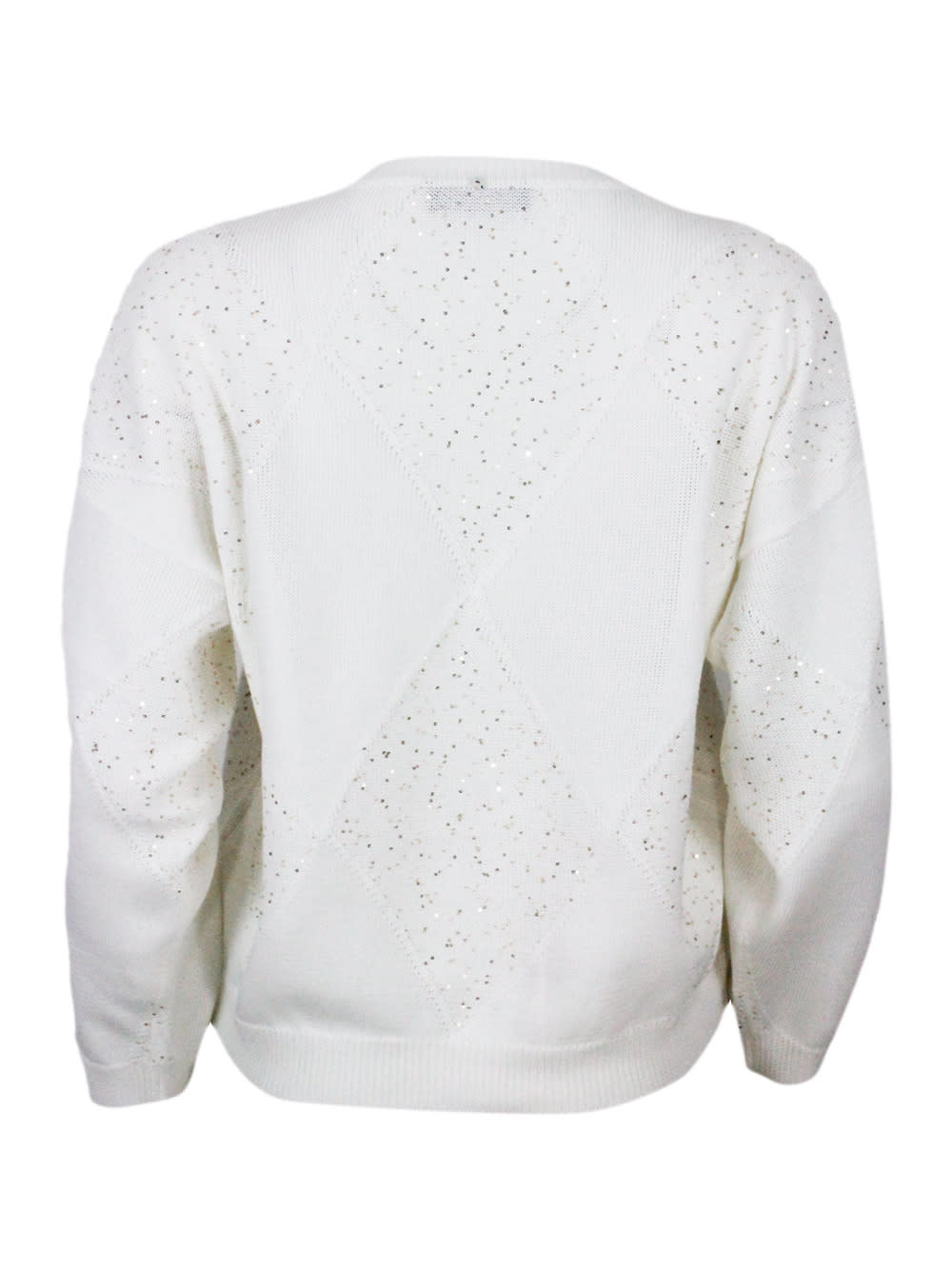 Shop Lorena Antoniazzi Long-sleeved Crew-neck Sweater In Cotton Thread With Diamond Pattern Embellished With Microsequins In White