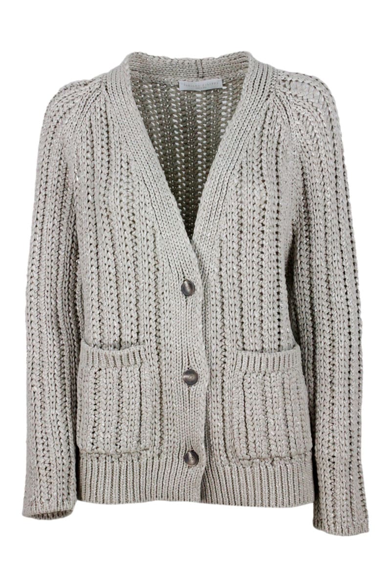 Fabiana Filippi Cardigan Sweater In Cotton Tape With Button Closure And Pockets Embellished With Lurex Threads