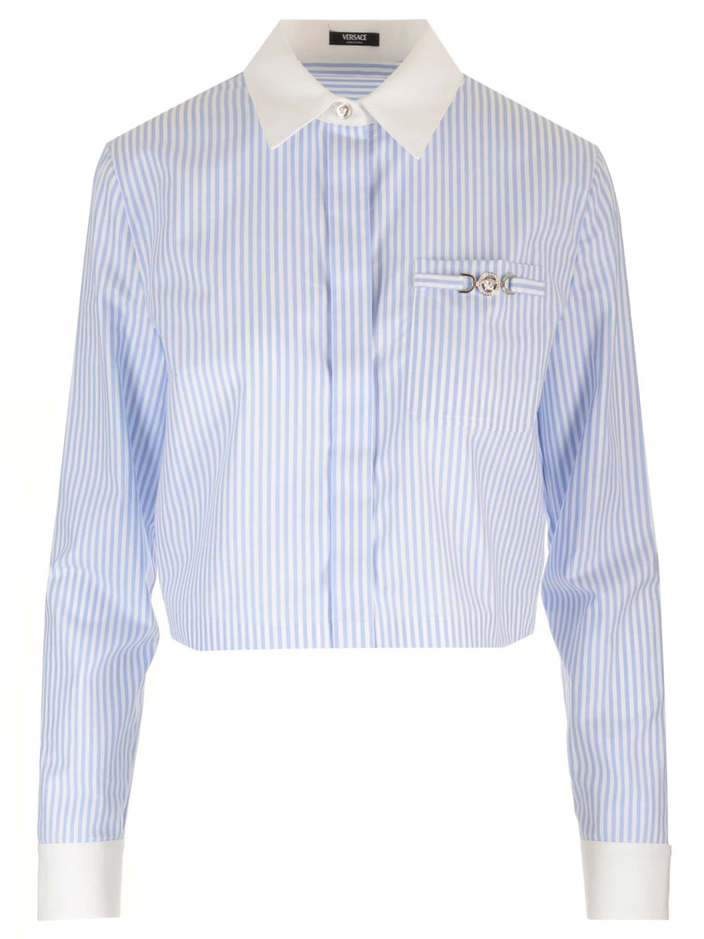 Shop Versace Cropped Shirt In Blue/white
