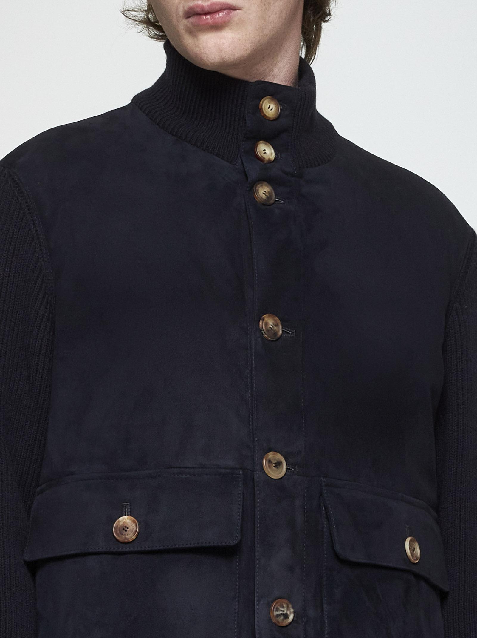 Shop Brunello Cucinelli Suede And Knit Bomber Jacket In Blue