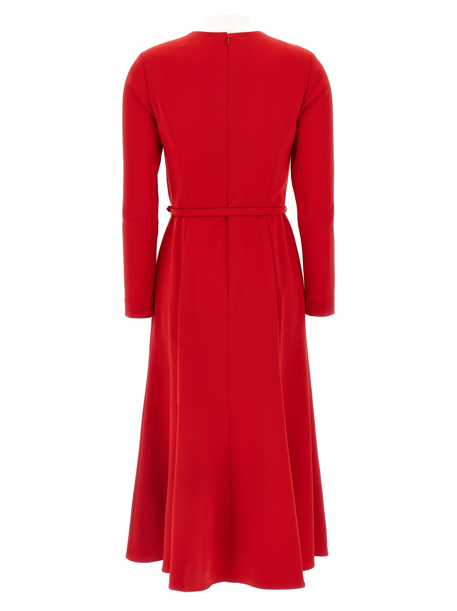 Carolina Herrera Gathered Neck Belted Long-sleeve Midi Dress In Red