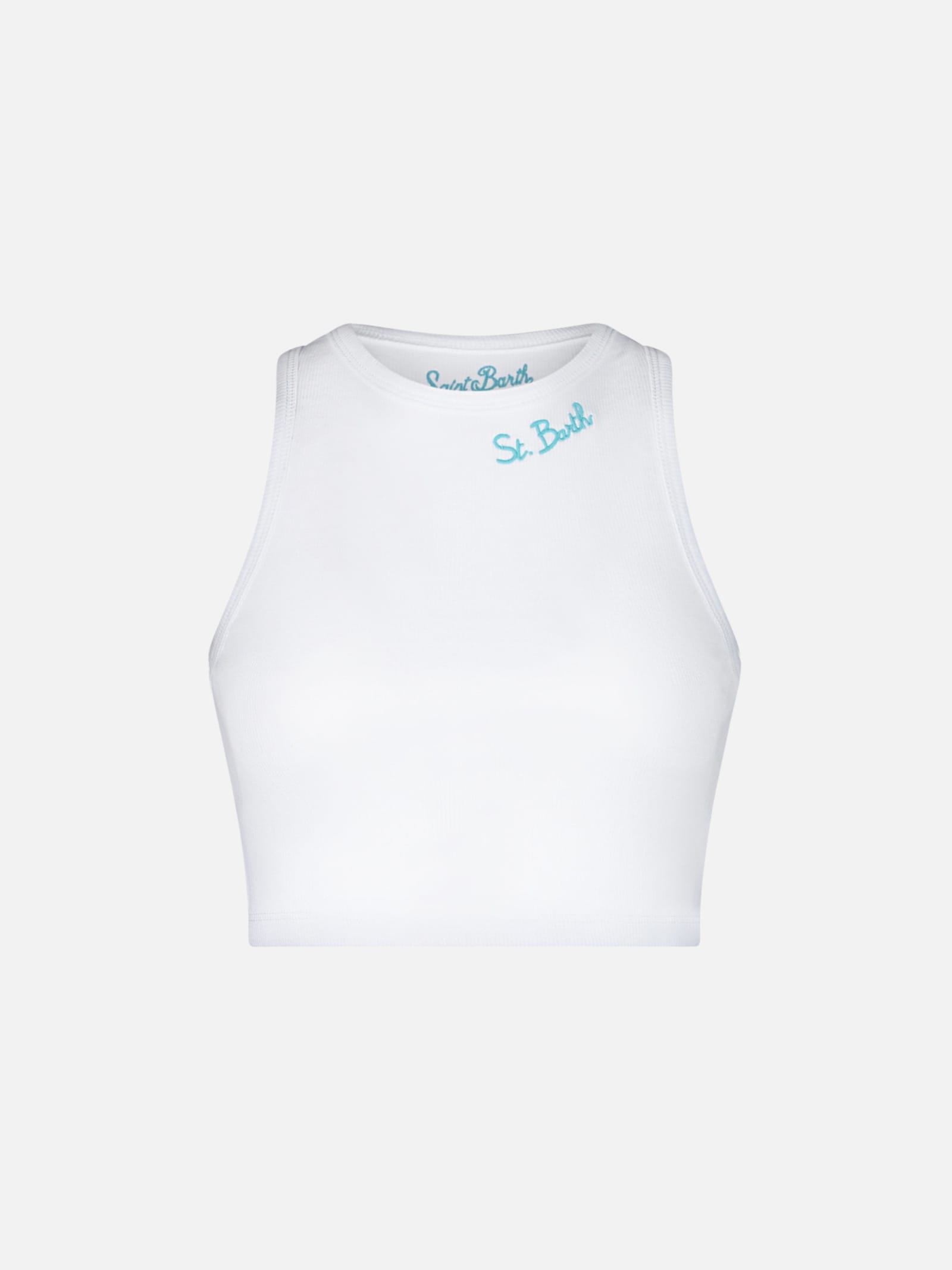 Mc2 Saint Barth Cotton Crop Tank Top With St. Barth Embroidery Melissa Satta Special Edition In White
