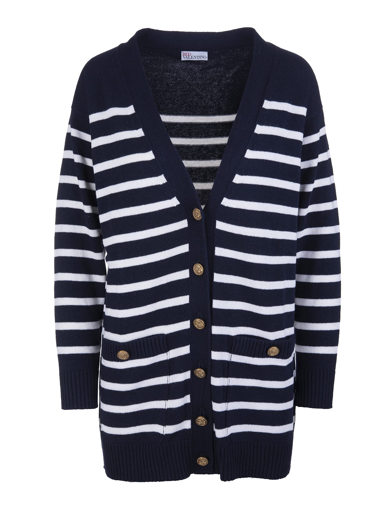 RED Valentino Woman Maxi Cardigan In Striped White And Navy Blue Wool Blend