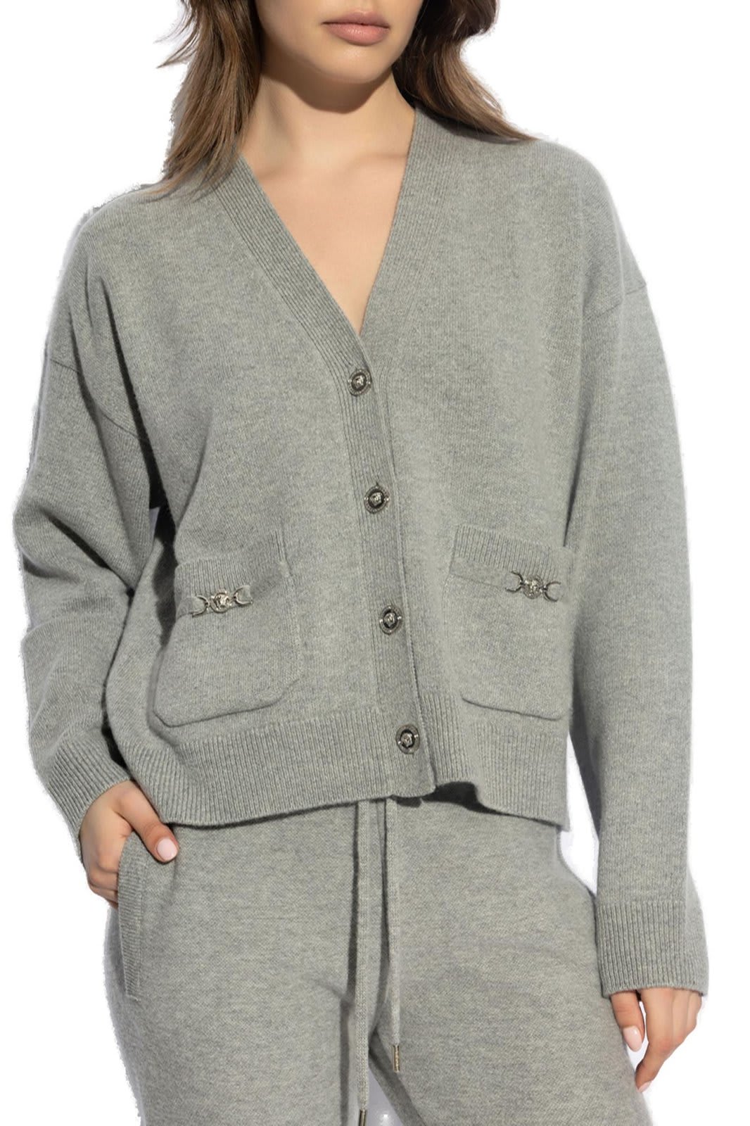 Shop Versace Button-up V-neck Cardigan In Grigio