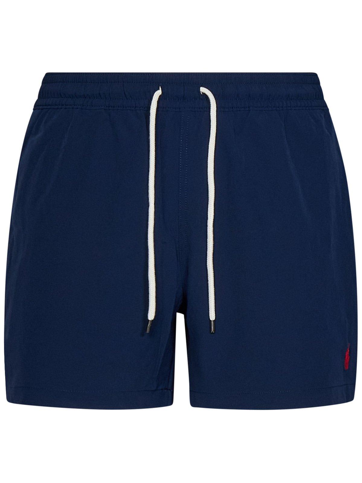Shop Polo Ralph Lauren Logo Embroidered Drawstring Swim Shorts In Navy