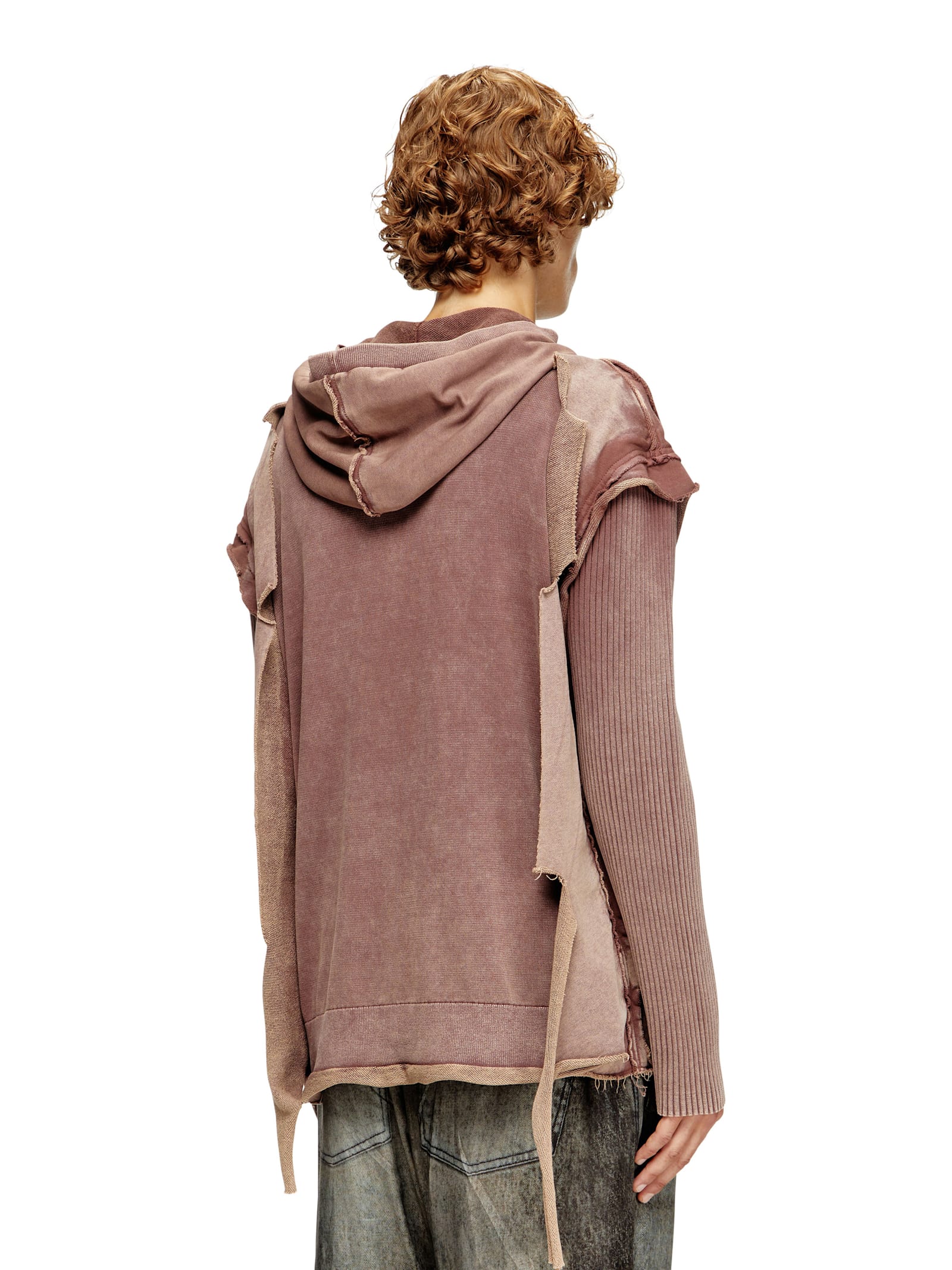 Diesel Hooded Crewneck With Ribbed Sleeves And Distressed Finish In Brown