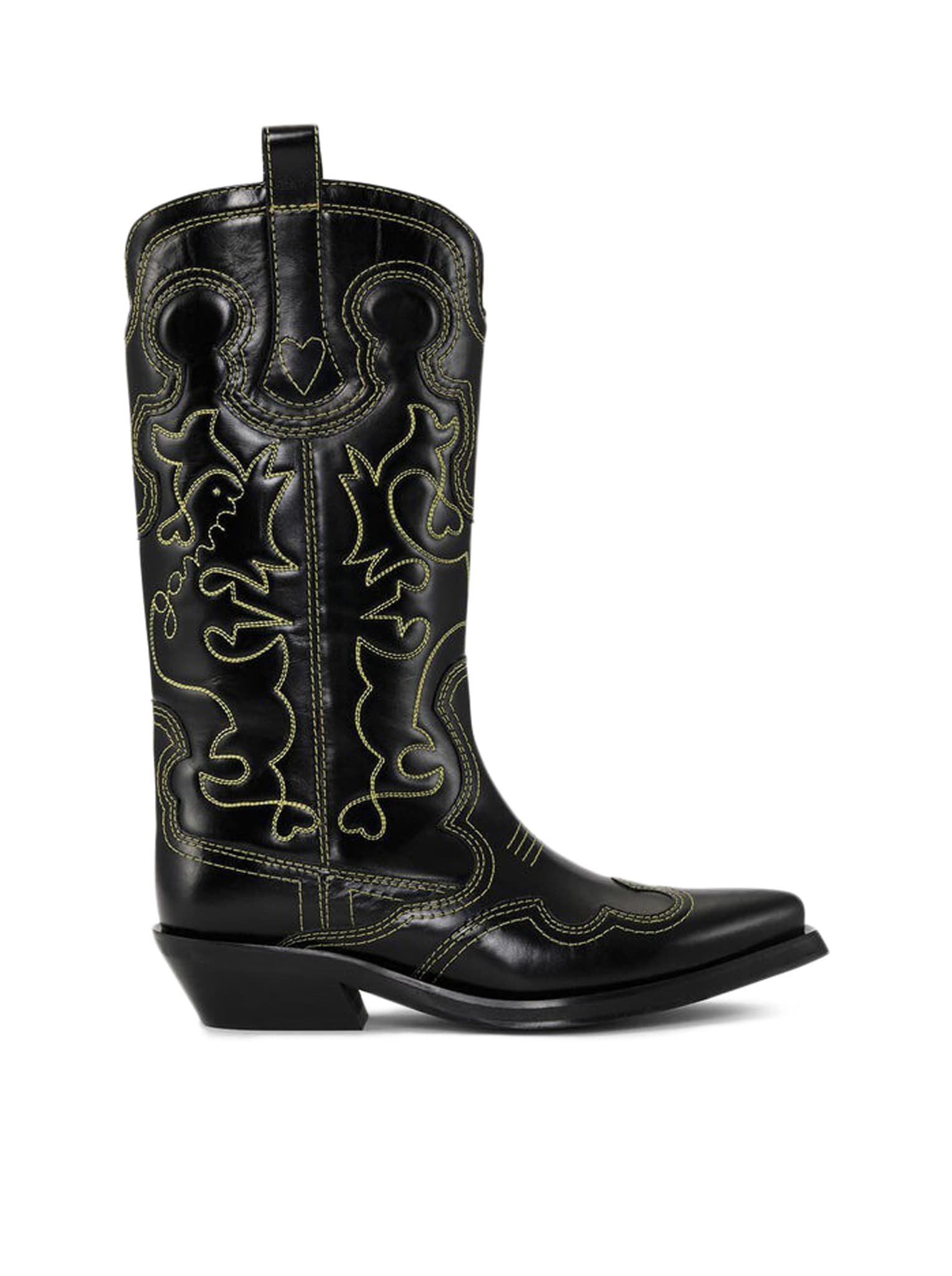 Shop Ganni Mid Shaft Embroidered Western Boot Yellow St In Black