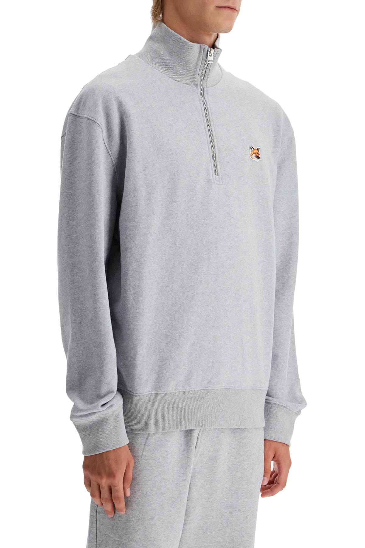 Shop Maison Kitsuné Half-zip Sweatshirt With Fox Head In Light Grey Melange (grey)