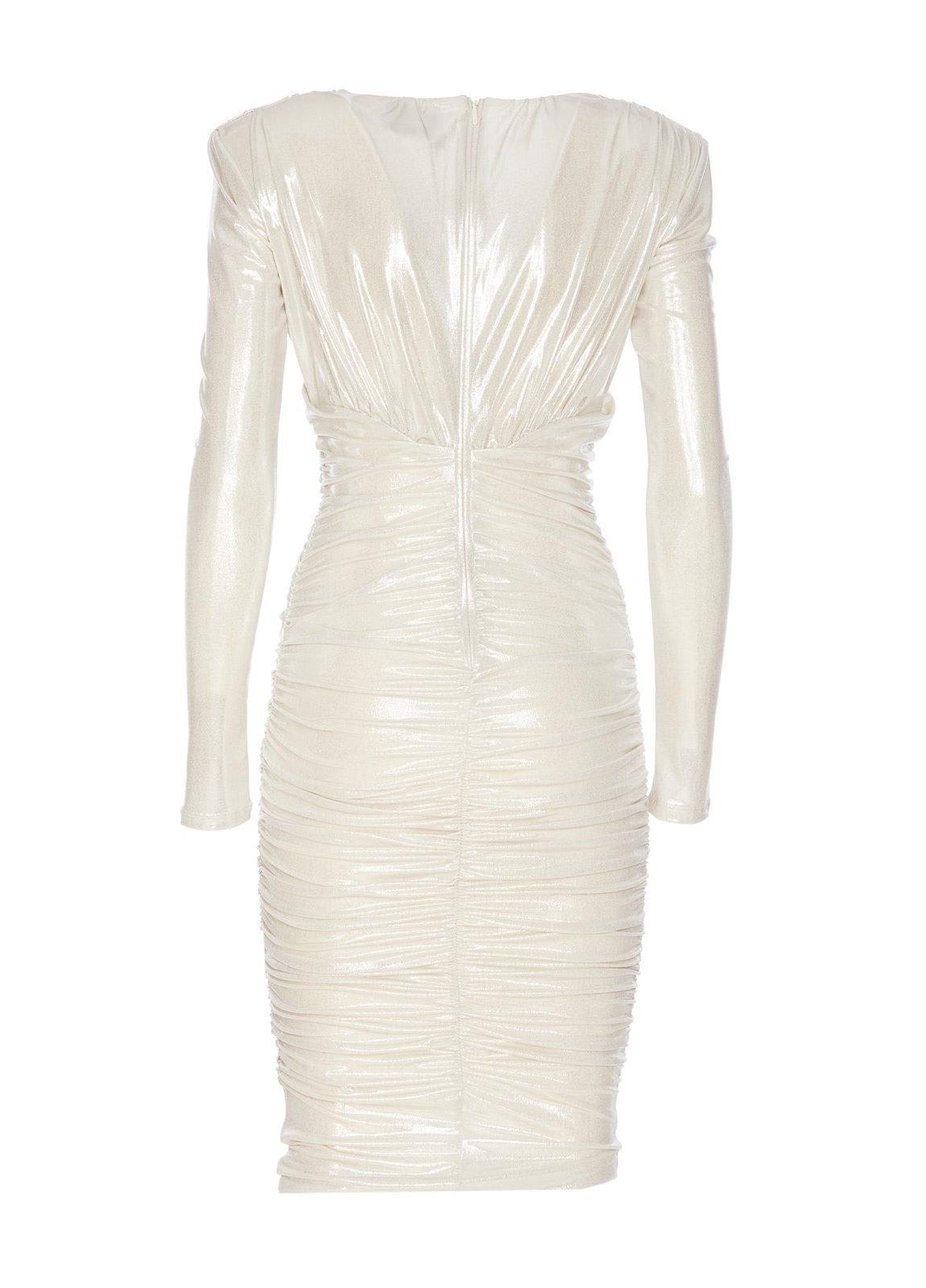 Shop Pinko Asymmetric-hem Gathered Metallic Midi Dress In White