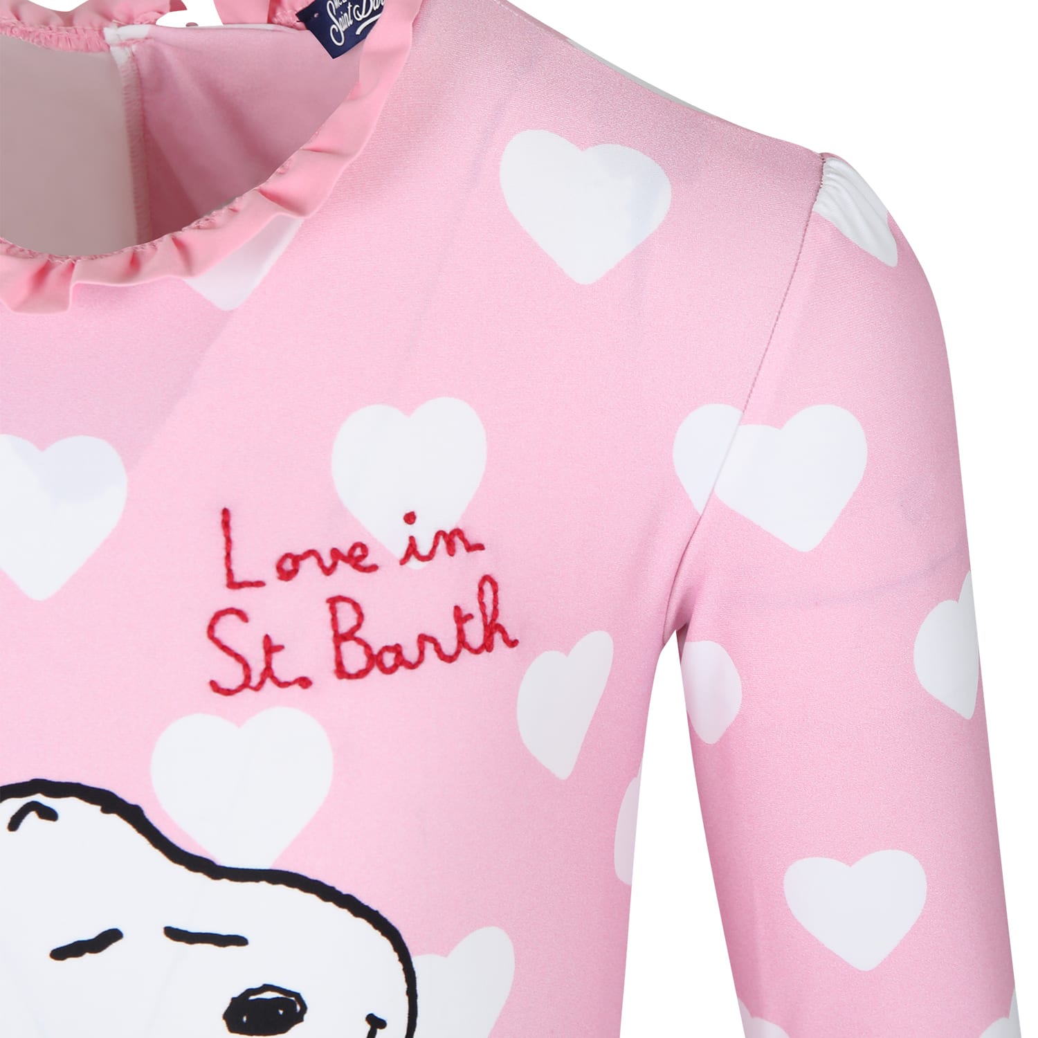 Shop Mc2 Saint Barth Pink Anti-uv Swimsuit For Girl With Snoopy Print