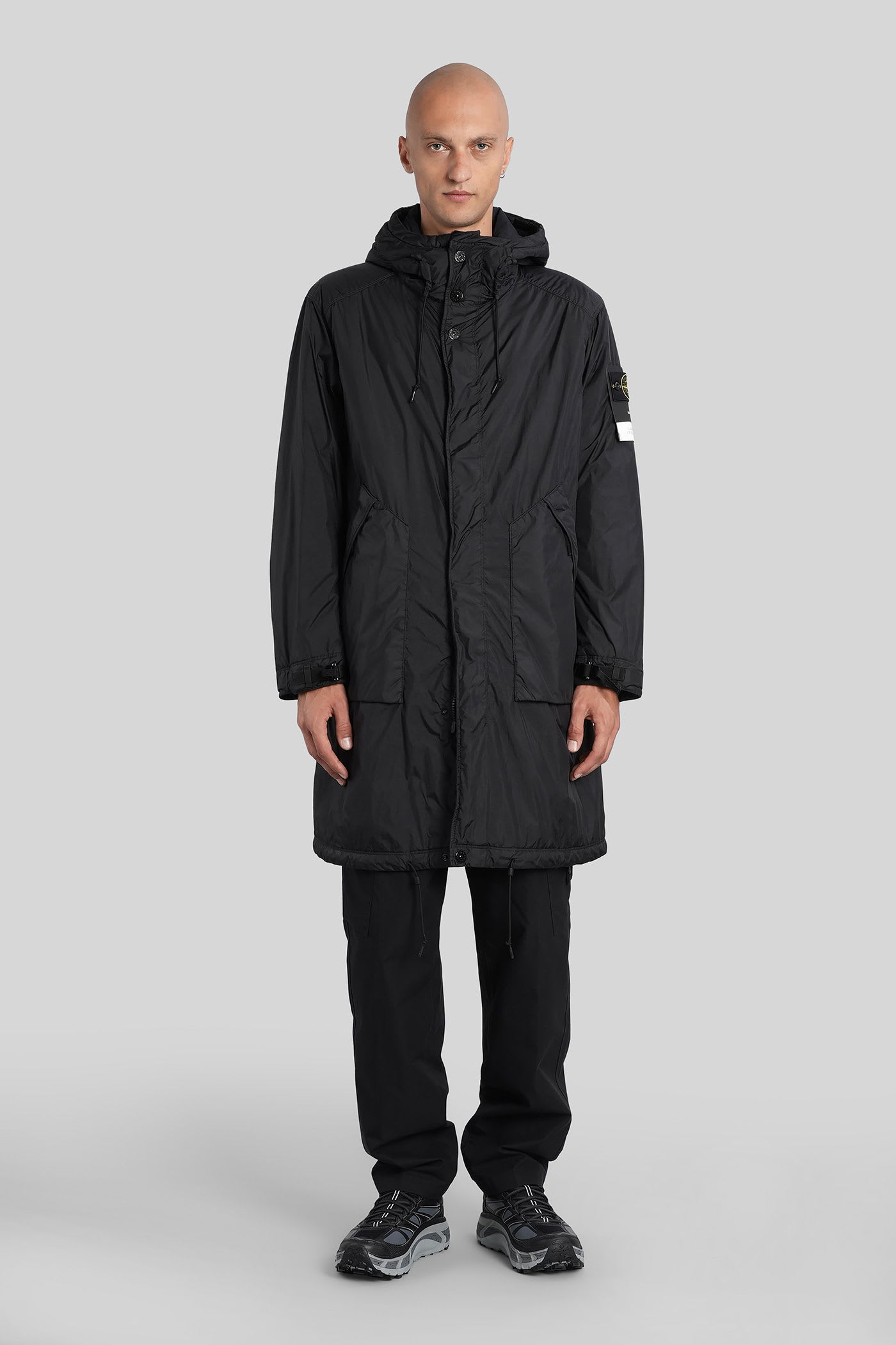 Stone Island Long Down Jacket In Black