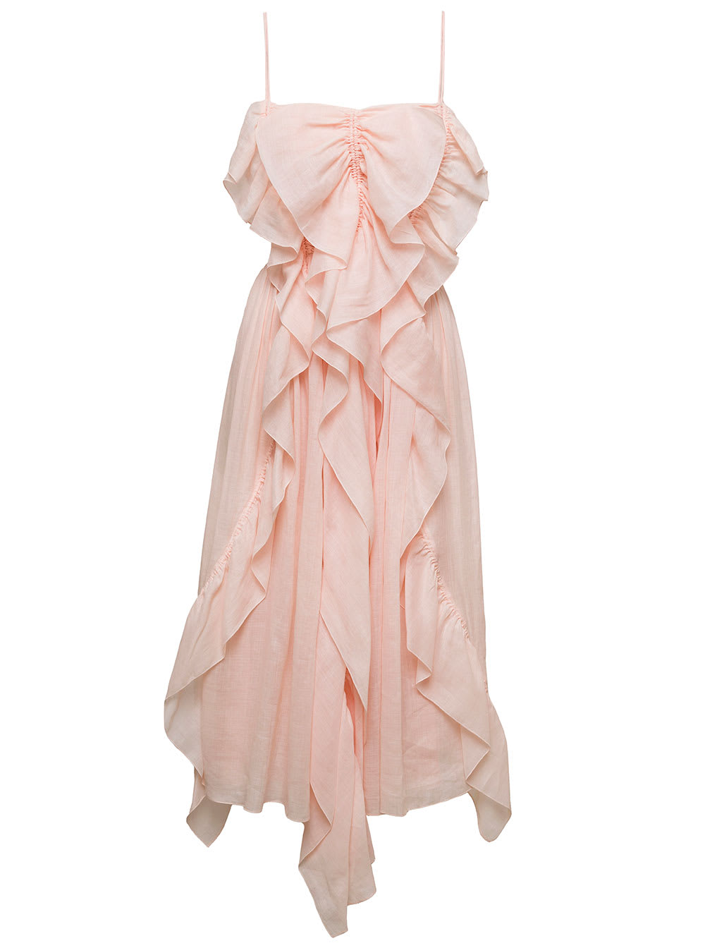 Chloé Ruched Ruffle Voile Midi Dress In Pink
