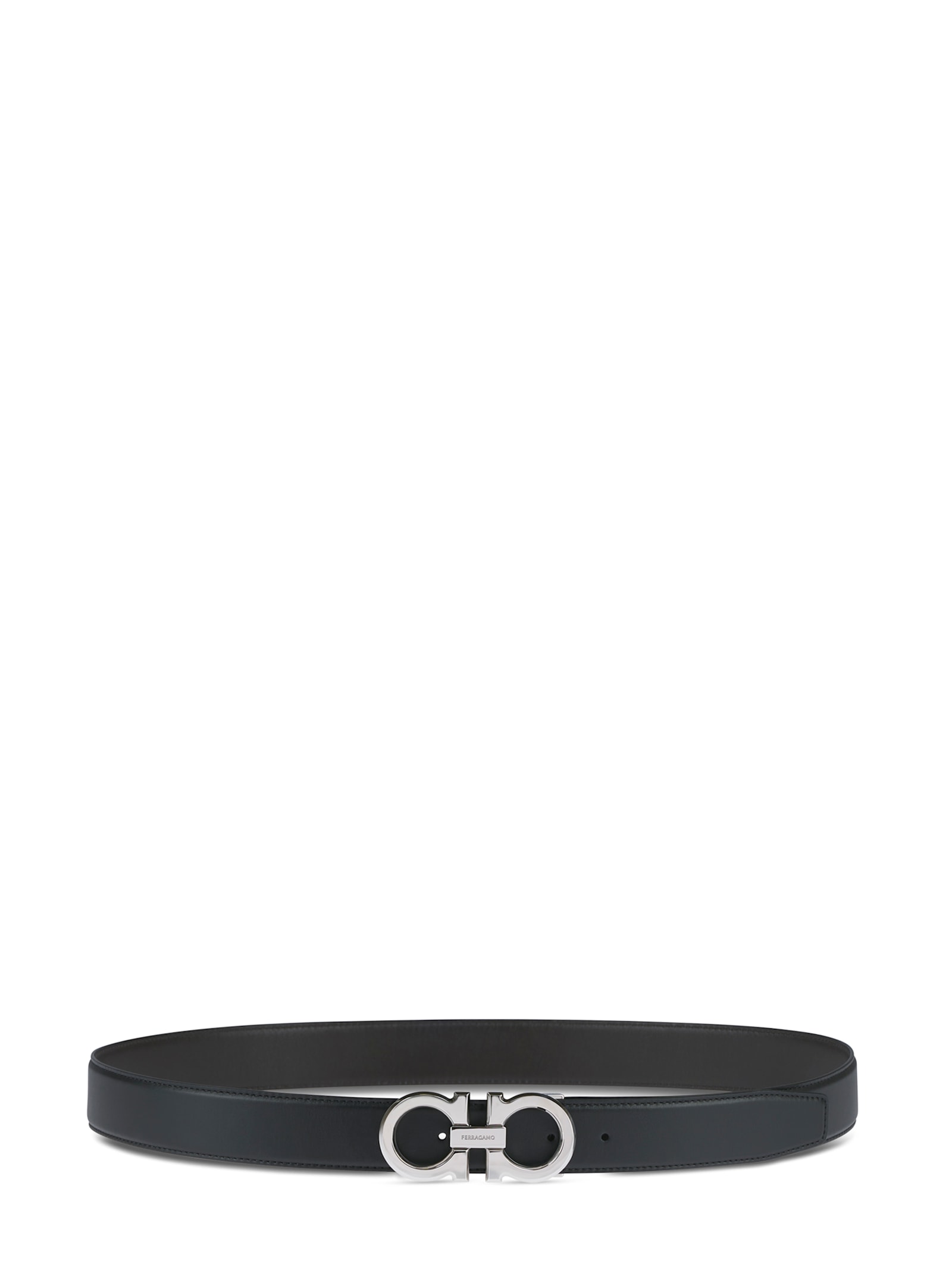 Ferragamo Polished Double Gancini Buckle Belt In Calf Leather In Black