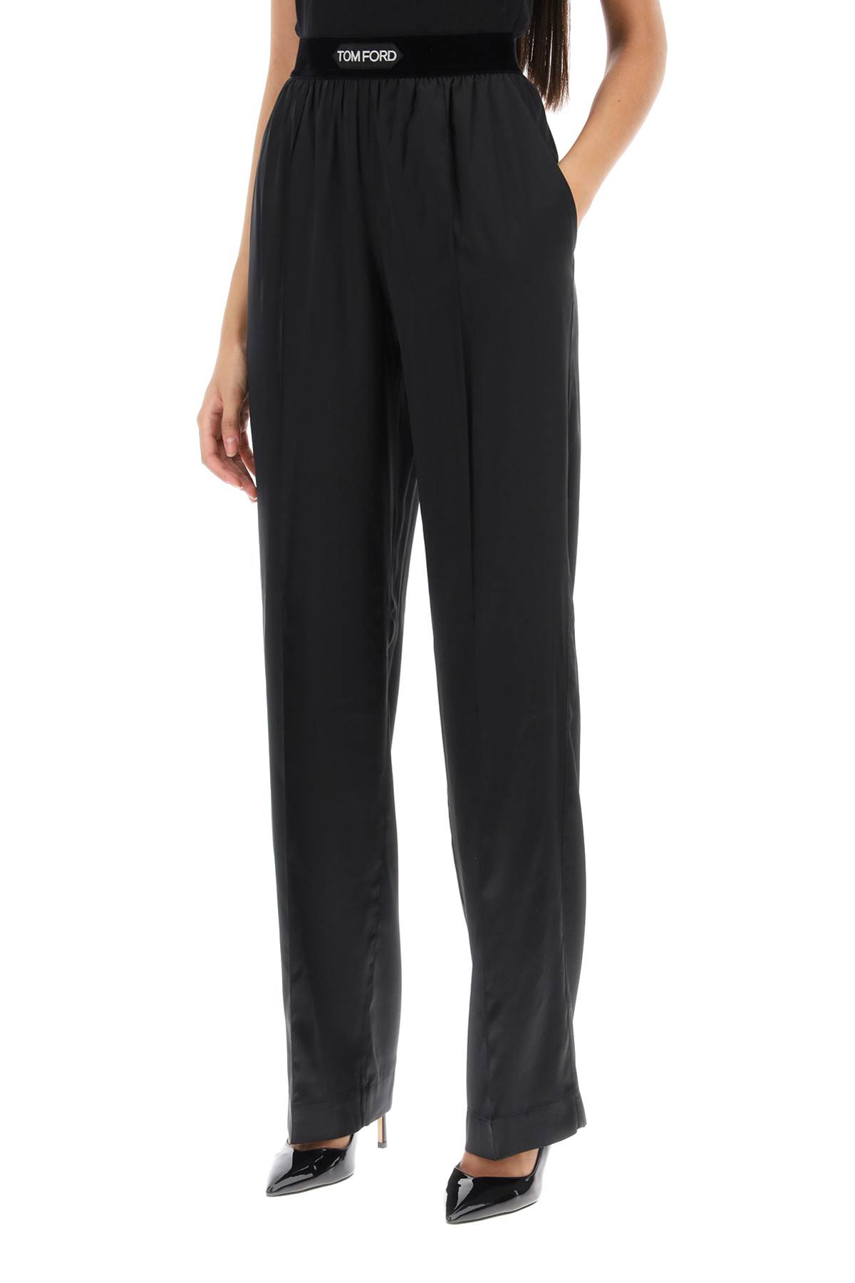 Tom Ford Black Loose Pants With Logo In Stretch Silk Woman In Black
