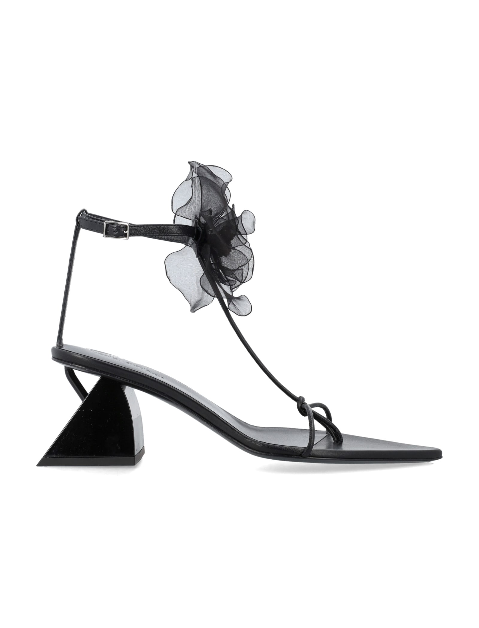 Nensi Dojaka Point Toe Soft Leather T-strap Sandals With Flower Applicati In Black