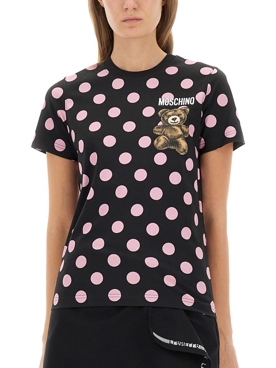 Moschino Graphic Print Polka Dot Crew Neck Top In Black