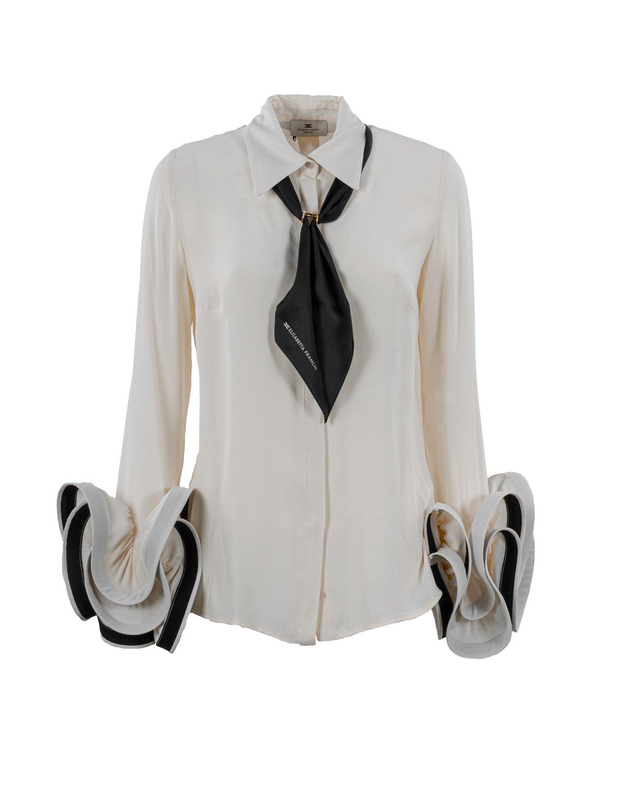 Shop Elisabetta Franchi Ruffled Foulard Scarf Georgette Blouse In Burro