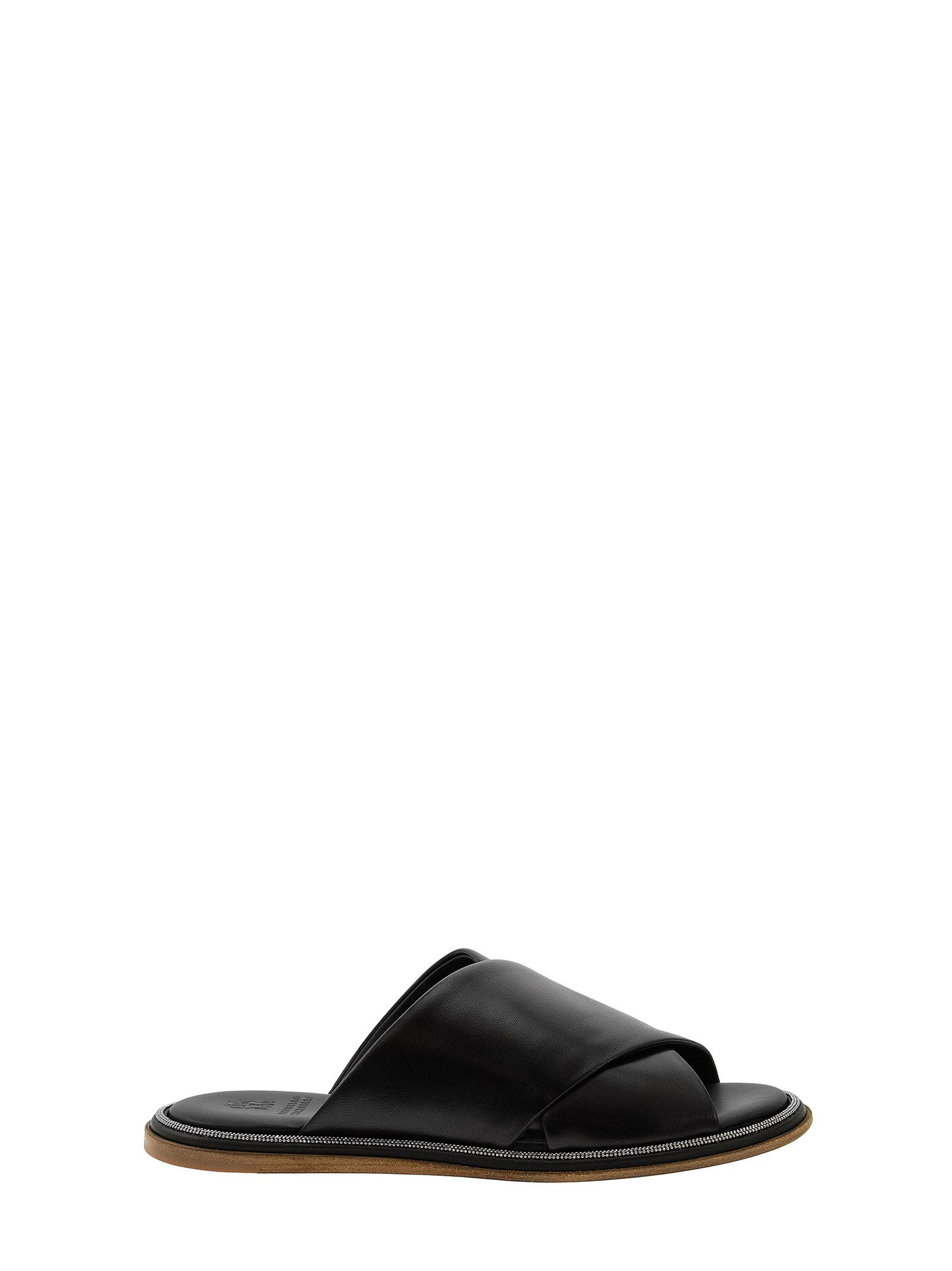 Brunello Cucinelli Nappa Leather Slides With Precious Edge Strap Black