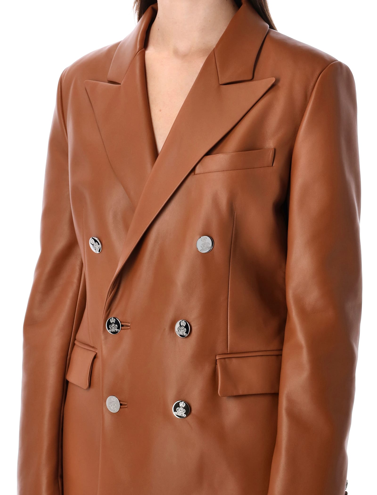 Ralph Lauren Double Breasted Nappa Leather Blazer In Brown