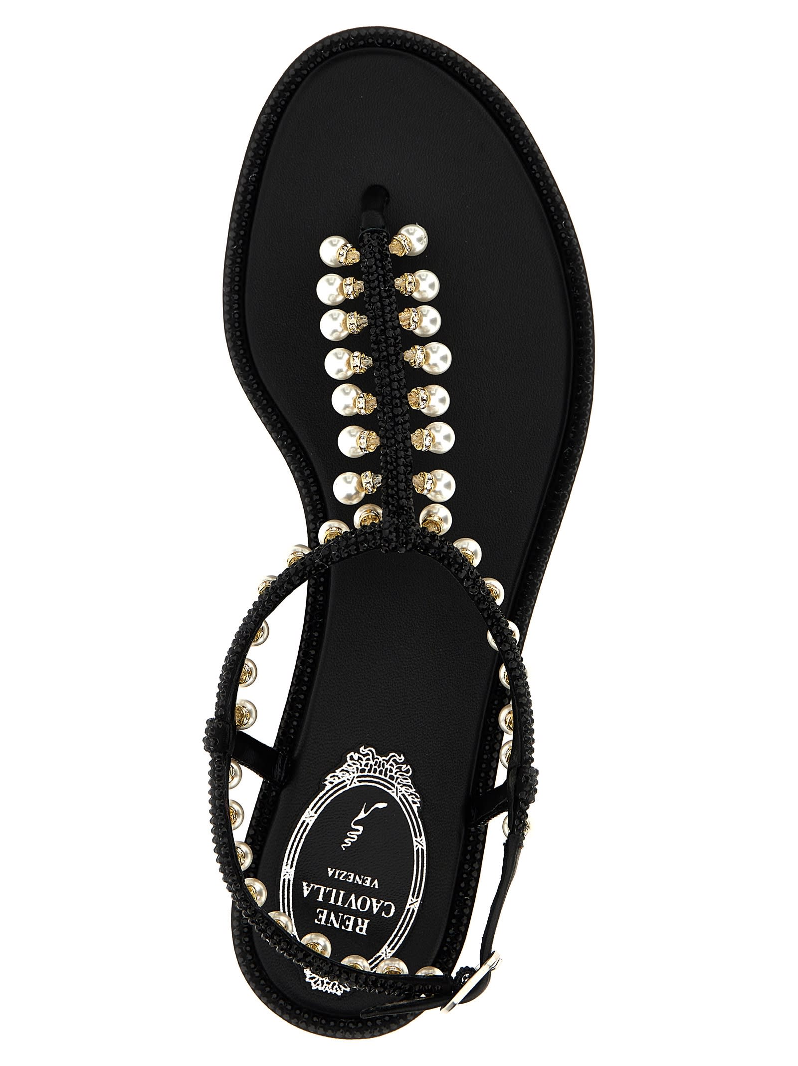 René Caovilla Flat Sandals Adorned Open Toe In Black