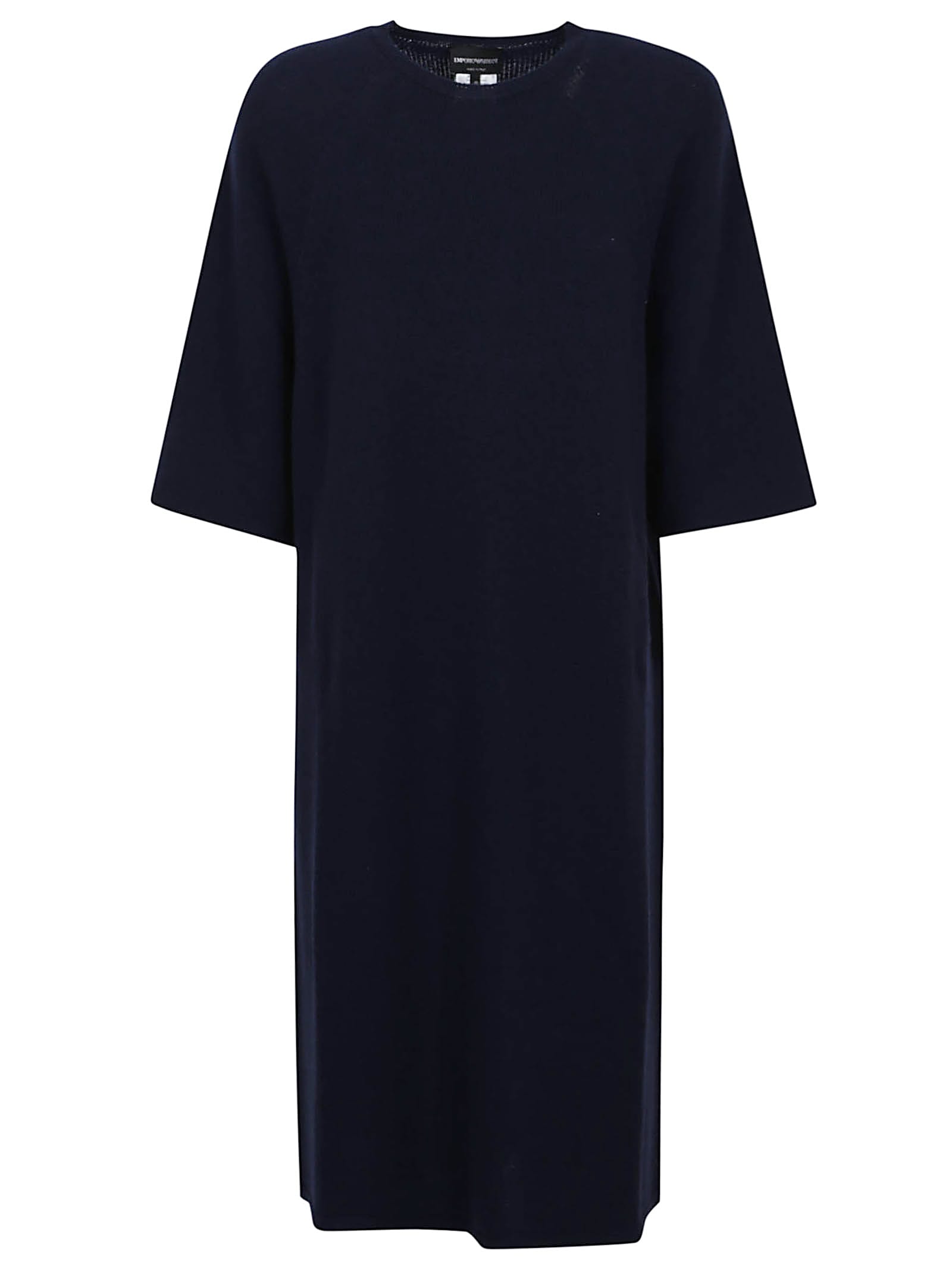 Emporio Armani Navy Blue Midi Dress With Round Neck And Short Sleeves In Blue