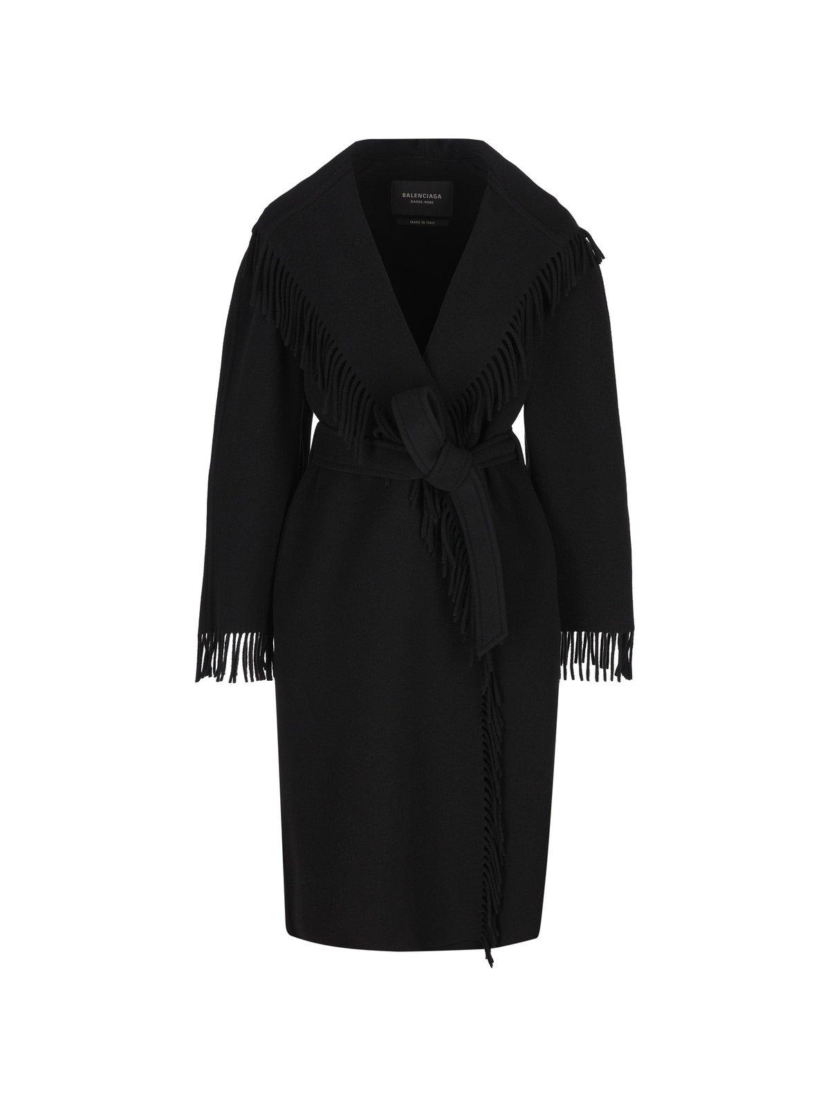 Shop Balenciaga Belted Fringed Coat In Black