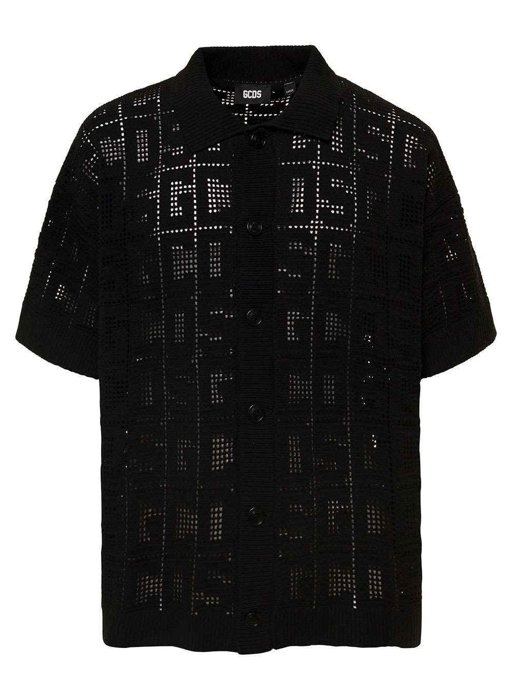 GCDS Black Monogram Macramè Shirt With Logo Motif All-over In Cotton Man