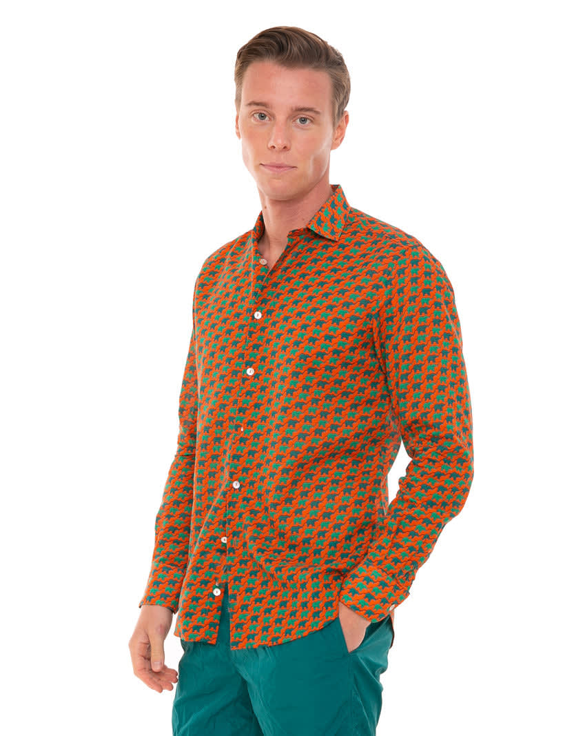 Mc2 Saint Barth Man Cotton Shirt Elephants Print In Orange