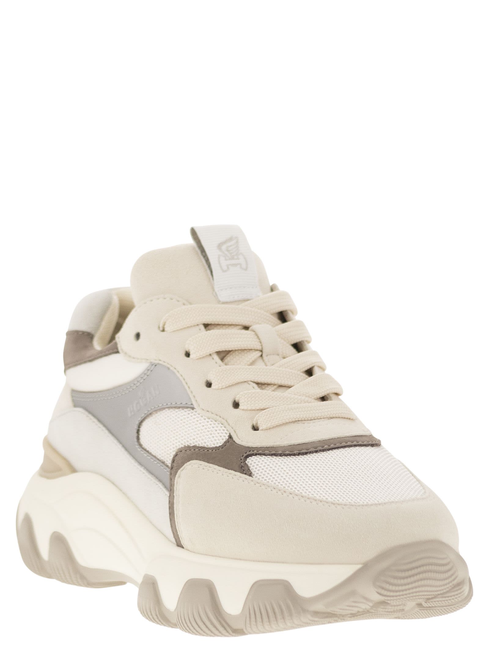 Hogan Urban Luxe Leather And Fabric Sneakers With Memory Foam Comfort In White/beige