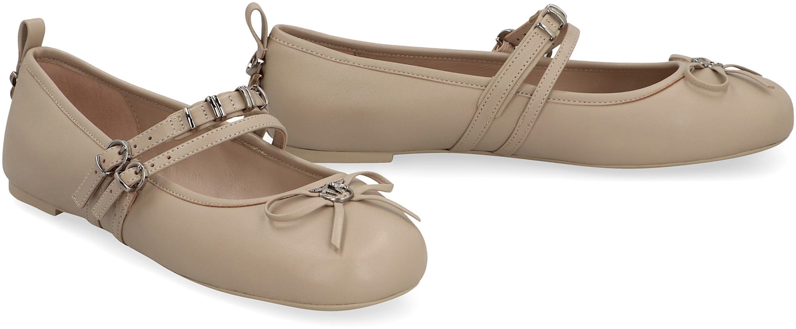 Pinko Nappa Leather Ballet Flats With Straps And Bow In Ecru