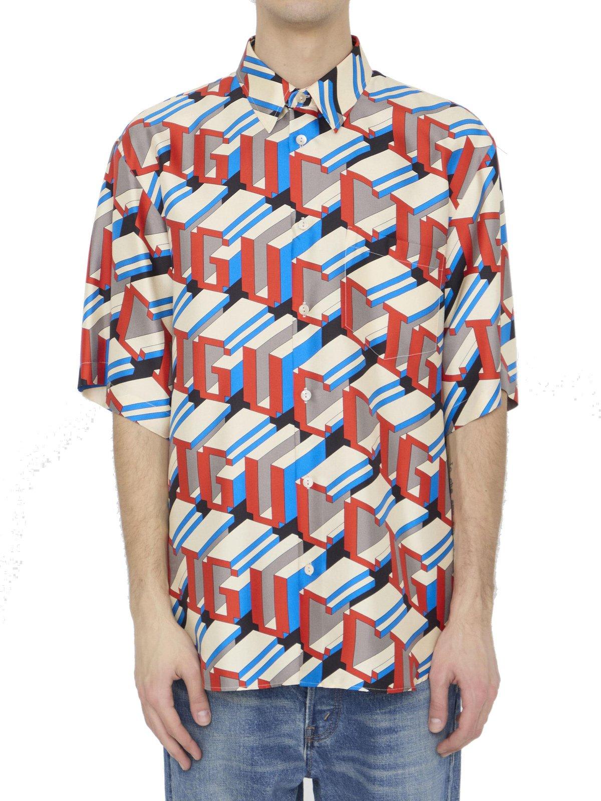 Gucci Pixel Printed Short-sleeve Shirt In Ivoryredmc