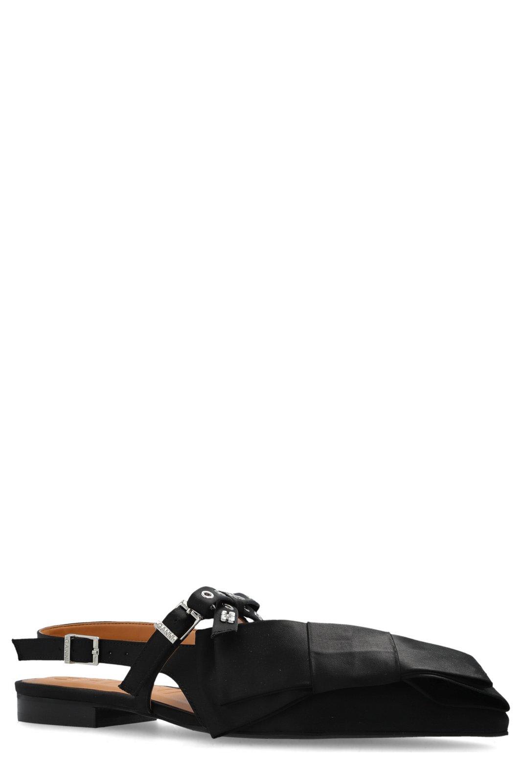 Ganni Big Bow Slingback Pointed-toe Flats In Black