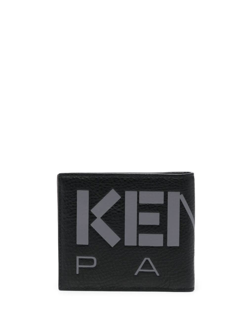 Black Bi-fold Wallet With Print In Grained Leather Man Kenzo
